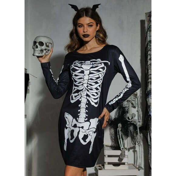 Women's Halloween Costume Skeleton Funny Long Sleeve Midi Skeleton Dresses - Picture 4 of 8